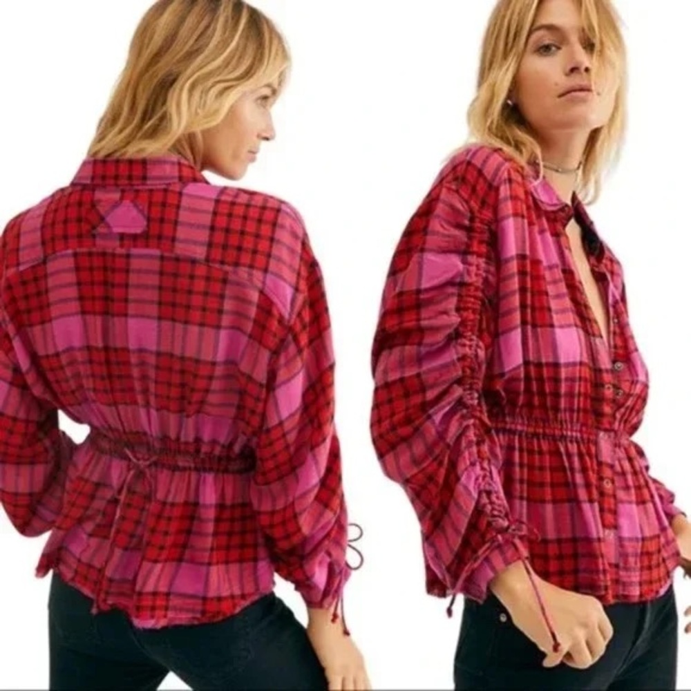 FP We The Free Pacific Dawn Drawstring Plaid Shirt Red Pink Black Button Down - Picture 4 of 10